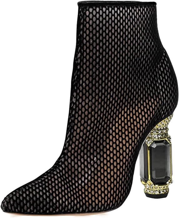 Beautified Black Mesh Bejeweled Ankle Boots