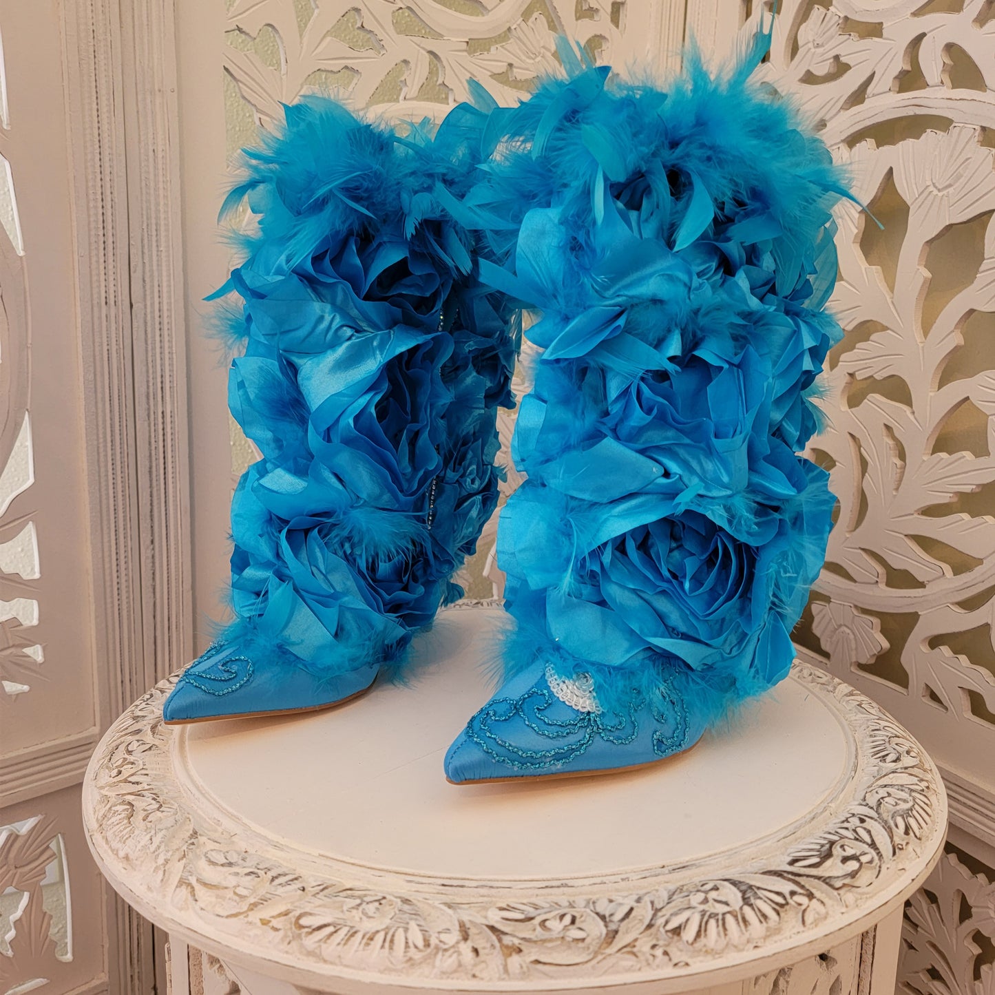 "GAIA" Turquoise Rosette Feather Crystal Lace Ankle Boots