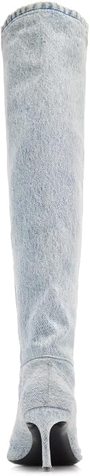 Chic Light Wash Blue Denim Kitten Heel Knee Boots