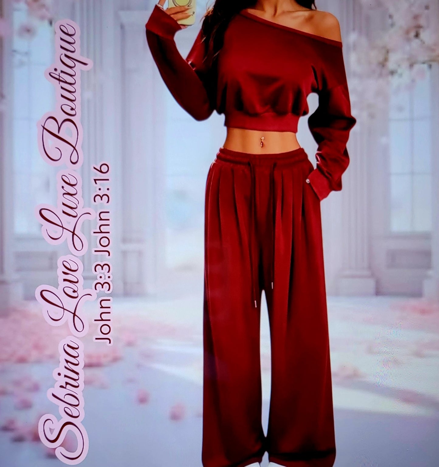 Cozy Deep Red Cropped Sweatshirt & Wide Leg Jogger Set