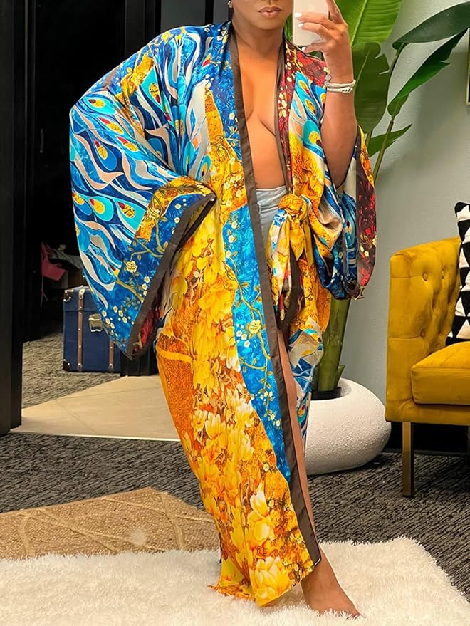 Exotic Orange,Gold & Blue Multicolor Kimono Robe Duster Maxi Coat