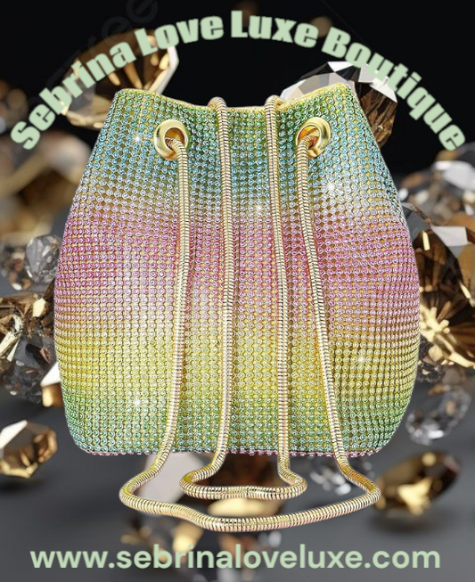 Rainbow Multicolor Diamante Bucket Handbag Rhinestone Clutch Purse Evening Wedding
