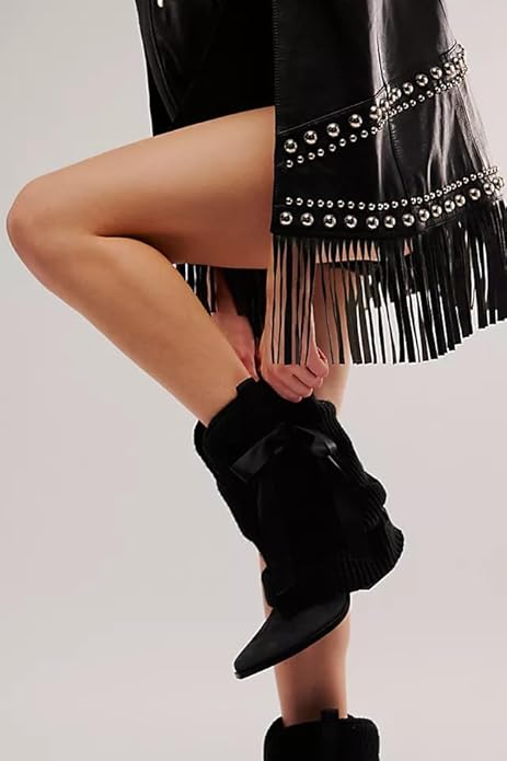 Black Ballet Inspired Boho Festival Knit Foldover Western Boots