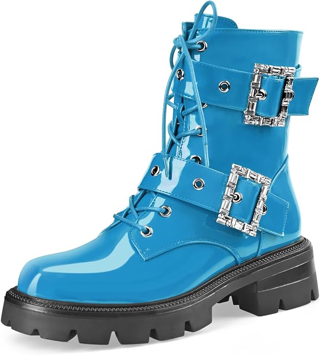 Cool Deep Turquoise Blue Buckle Detail Round Toe Combat Ankle Boots (PRE-ORDER)