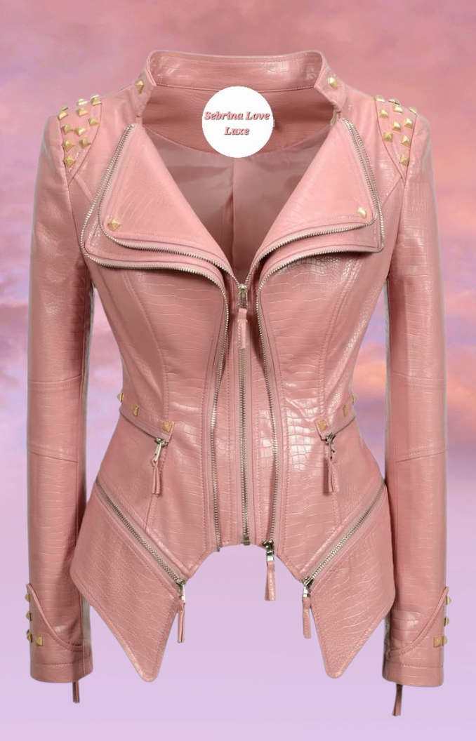 Edgy Pink Studded Faux Leather Rocker Biker Jacket