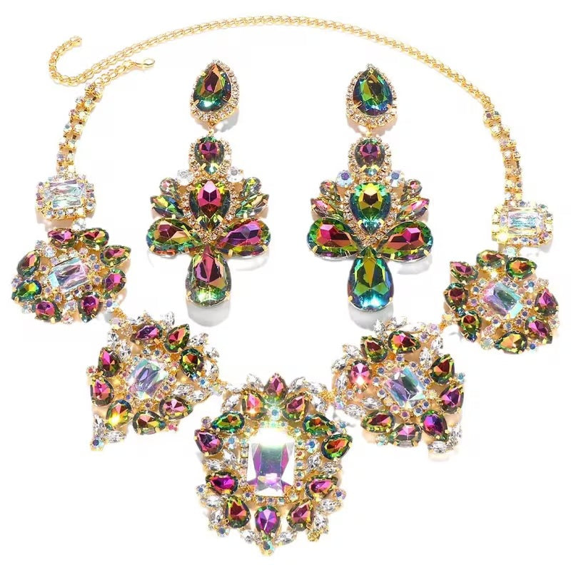 Luxe Vintage Inspired Multicolor AB Crystal Diamante Rhinestone Bejeweled Choker Necklace & Earrings Set