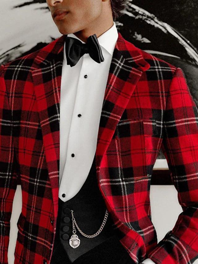 Festive Men's Red Tartan Plaid Blazer Suit Jacket