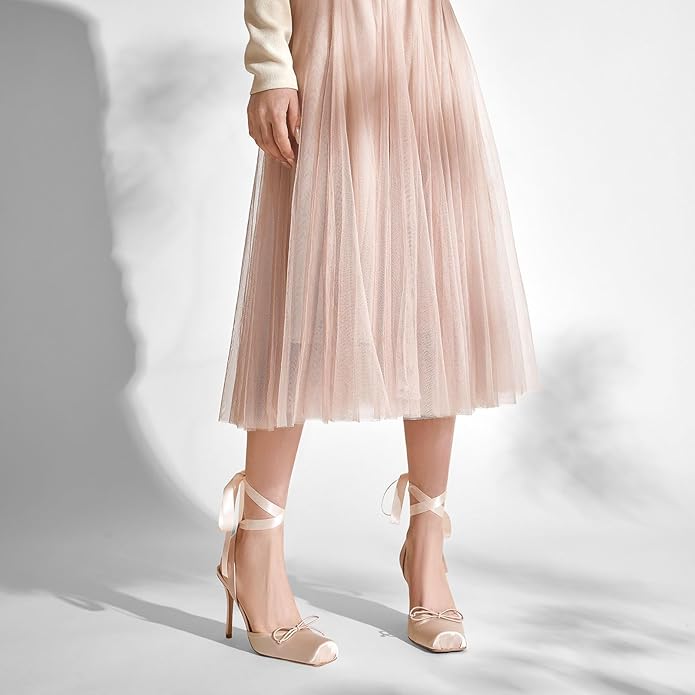 Elegant Romantic Nude Blush Satin Ribbon Ankle Tie Ballerina Heels