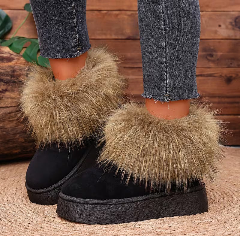 Stylish Black Faux Fur Trim Outdoor Winter Ankle Booties