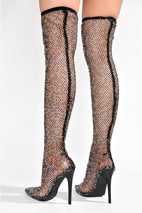 Sexy Black Multicolor Rhinestone Crystal Mesh Thigh Boots