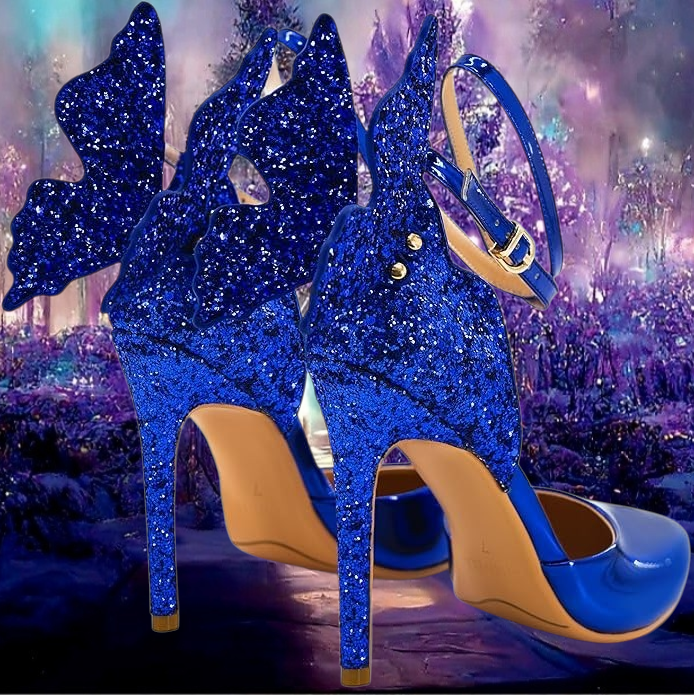 Ethereal Cobalt Blue Sparkling Butterfly Ankle Strap Heels