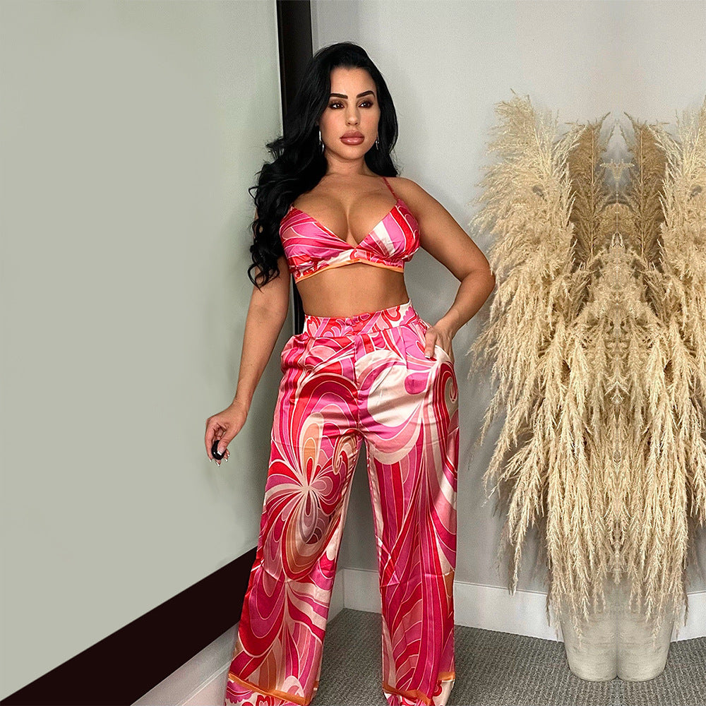 Sexy Pink Abstract Print 3 Piece Pants Set