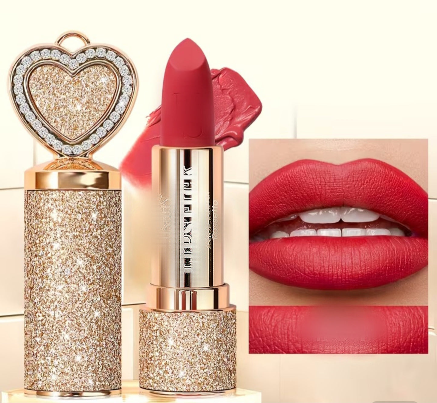 ❤️‍🔥Sexy Red Creme Lipstick Encased In Crystal Heart Gold Glitter❤️‍🔥