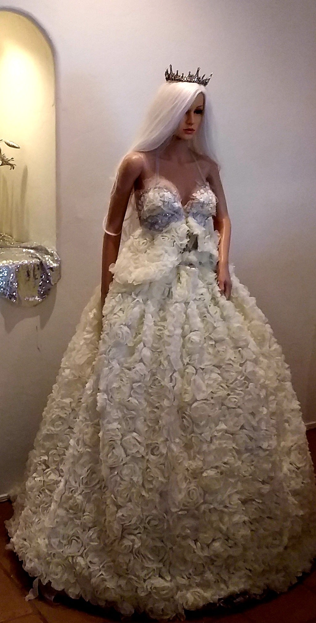 "CELINE" Ivory 3D Chiffon Rosette Lace Crystal Wedding Ballgown Set
