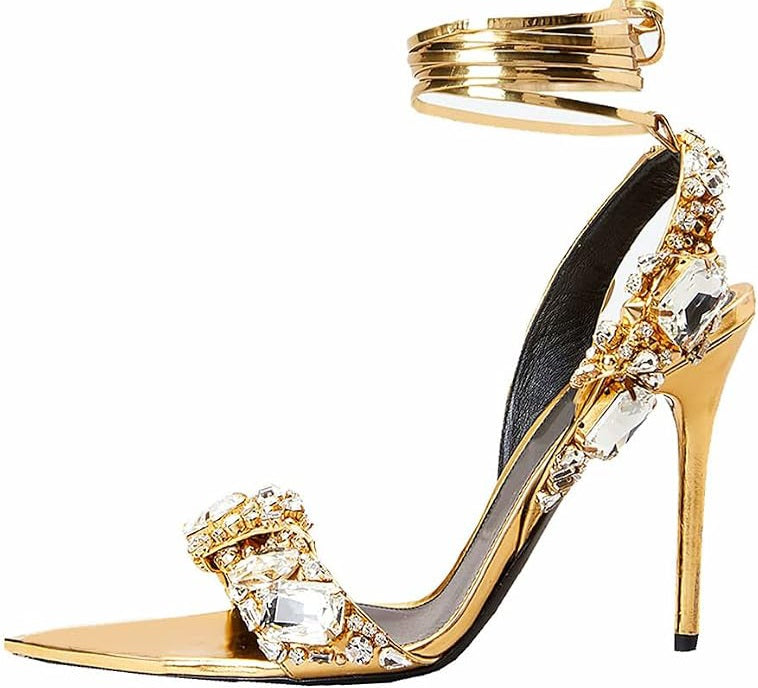 Luxe Gold Crystal Strappy Ankle Tie Heels