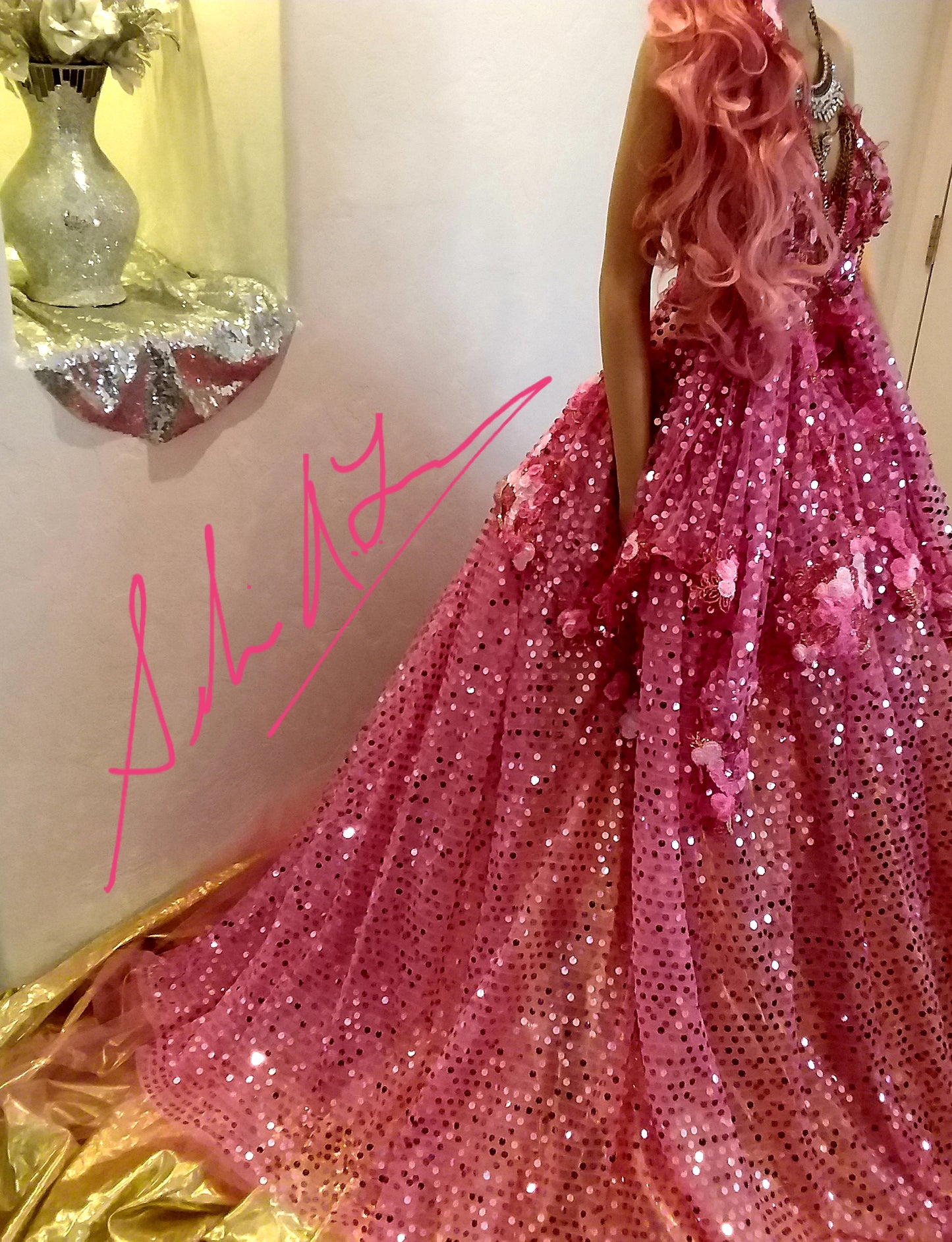 The "SHAYLA" Hot Pink Sequin Lace Crystal Wedding Ballgown Set
