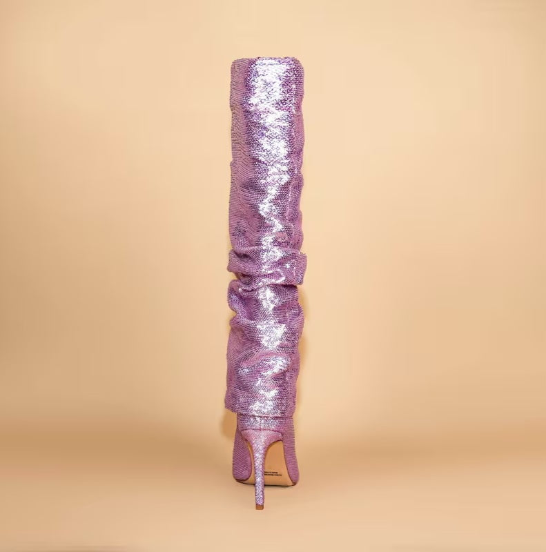 Sexy Metallic Lilac Pink Sparkly Slouchy Knee Boots