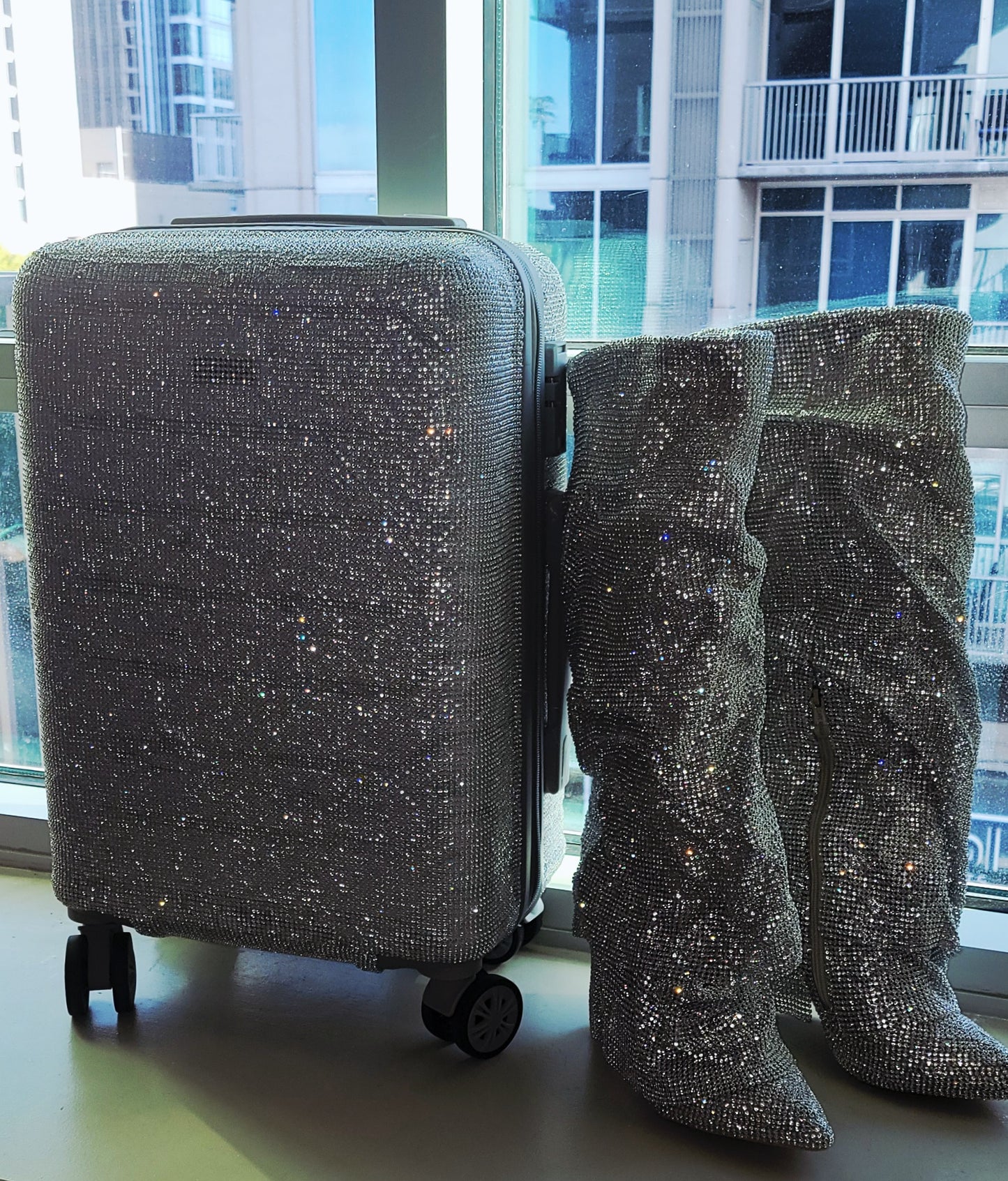 "NEW YORK HEIRESS" Custom Order Silver Rhinestone Crystal Diamante TSA size Approved Carry-on Luggage Case