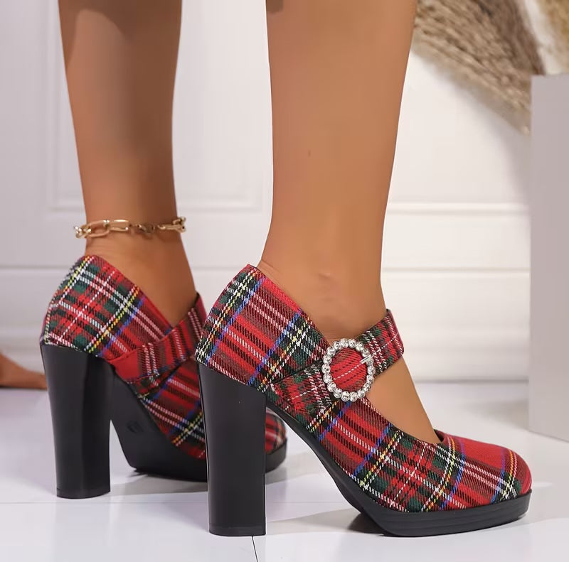 Collegecore Scottish Inspired Red Royal Stewart Tartan Plaid Mary Jane Round Toe Crystal Buckle Heels