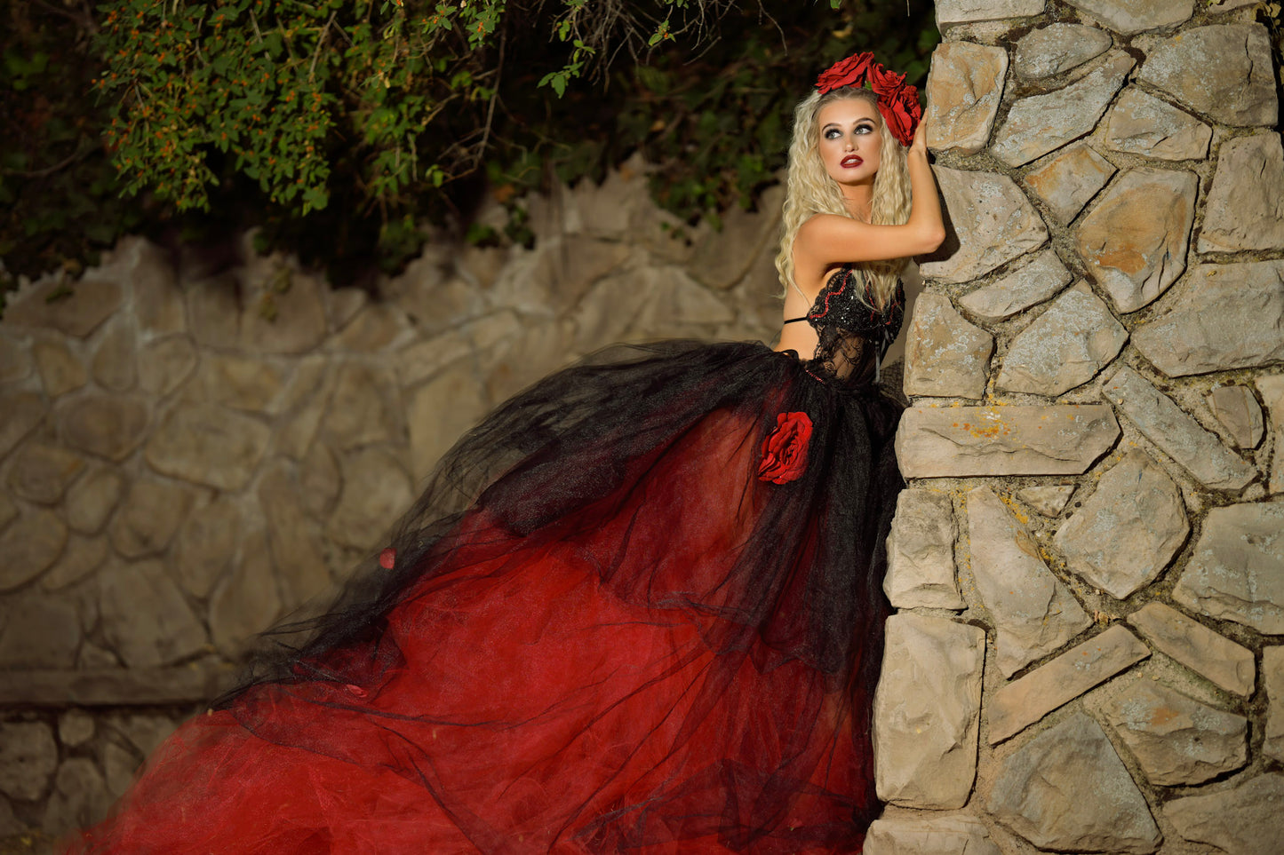 "WILLA" Custom Order Gothic Romance Red & Black Lace Tulle & Rosette Wedding Ballgown Set