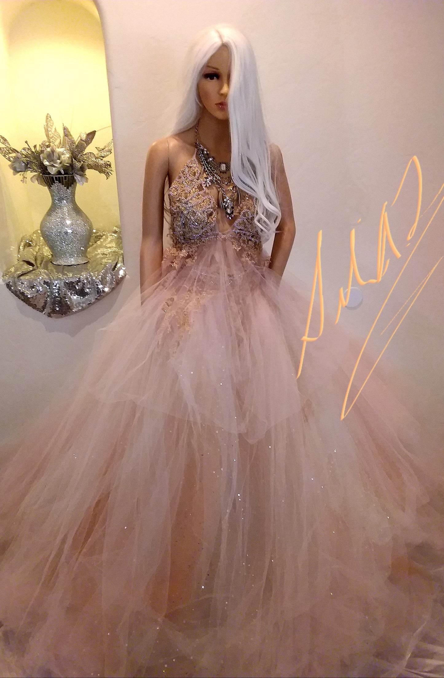 "ANNABELLA"Boho Blush Lace & Tulle Wedding Ballgown Set