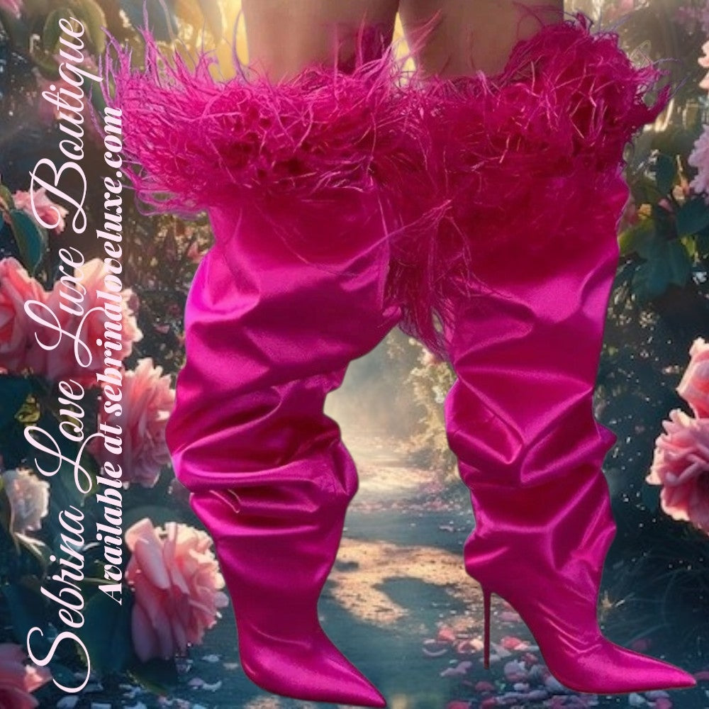 Sexy Hot Pink Satin Feather Trim Slouchy Thigh Boots