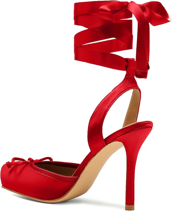 Elegant Romantic Red Satin Ribbon Ankle Tie Ballerina Heels