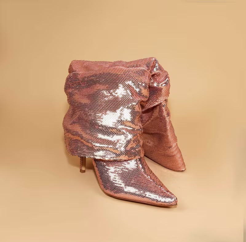 Sexy Metallic Rose Gold Sparkly Slouchy Knee Boots