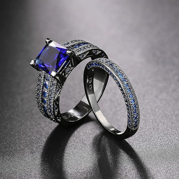 Gorgeous Gothic Romance Blue CZ Engagement Ring & Wedding Band Set