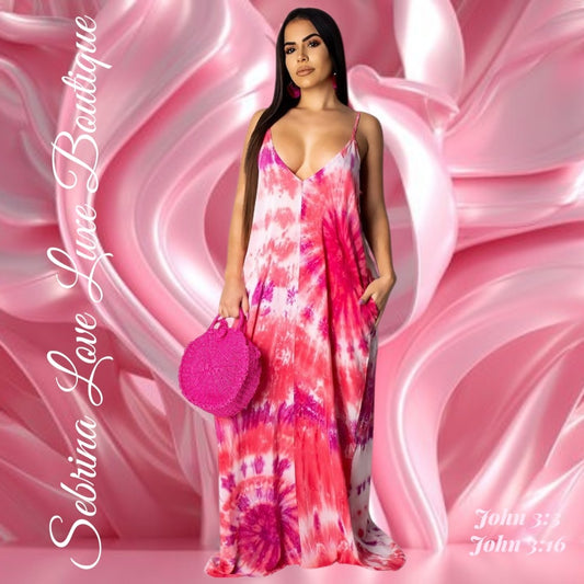 Hippie Boho Festival Pink Tie Dye Maxi Dress