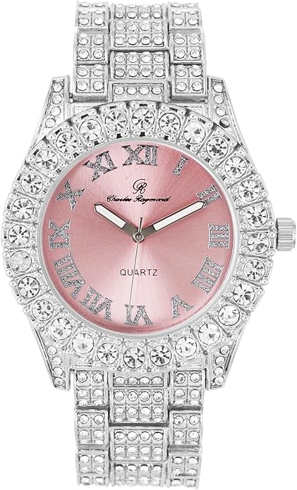 Elegant Silver & Pink Diamante Crystal Bling Watch