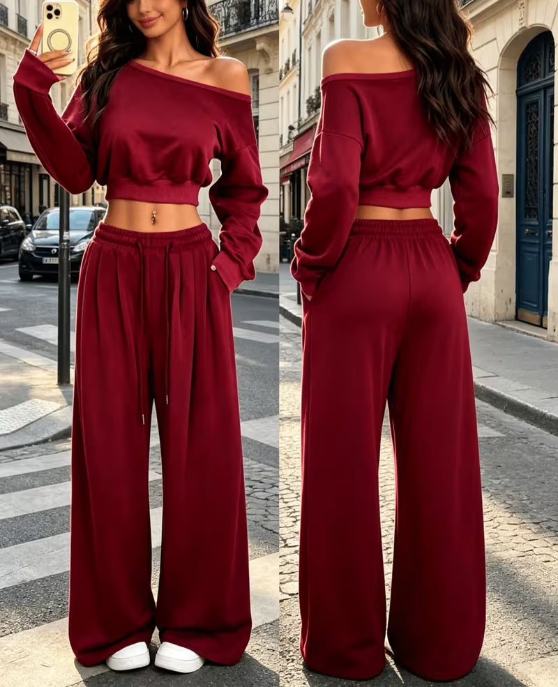 Cozy Deep Red Cropped Sweatshirt & Wide Leg Jogger Set