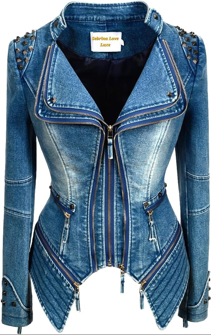 Edgy Blue Denim Studded Rocker Biker Jacket