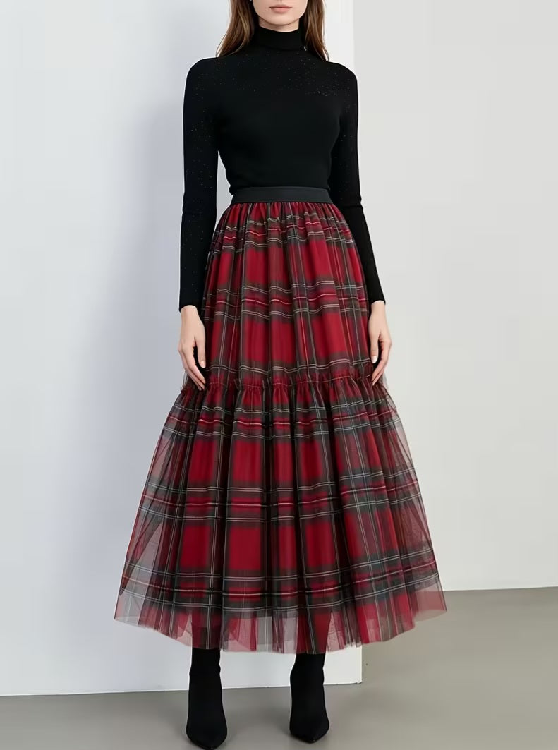 Gothic Flowy Red Plaid Tulle Tiered Midi/Maxi Skirt
