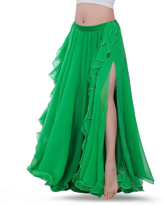 Romantic Green Chiffon Ruffled Boho Maxi Skirt