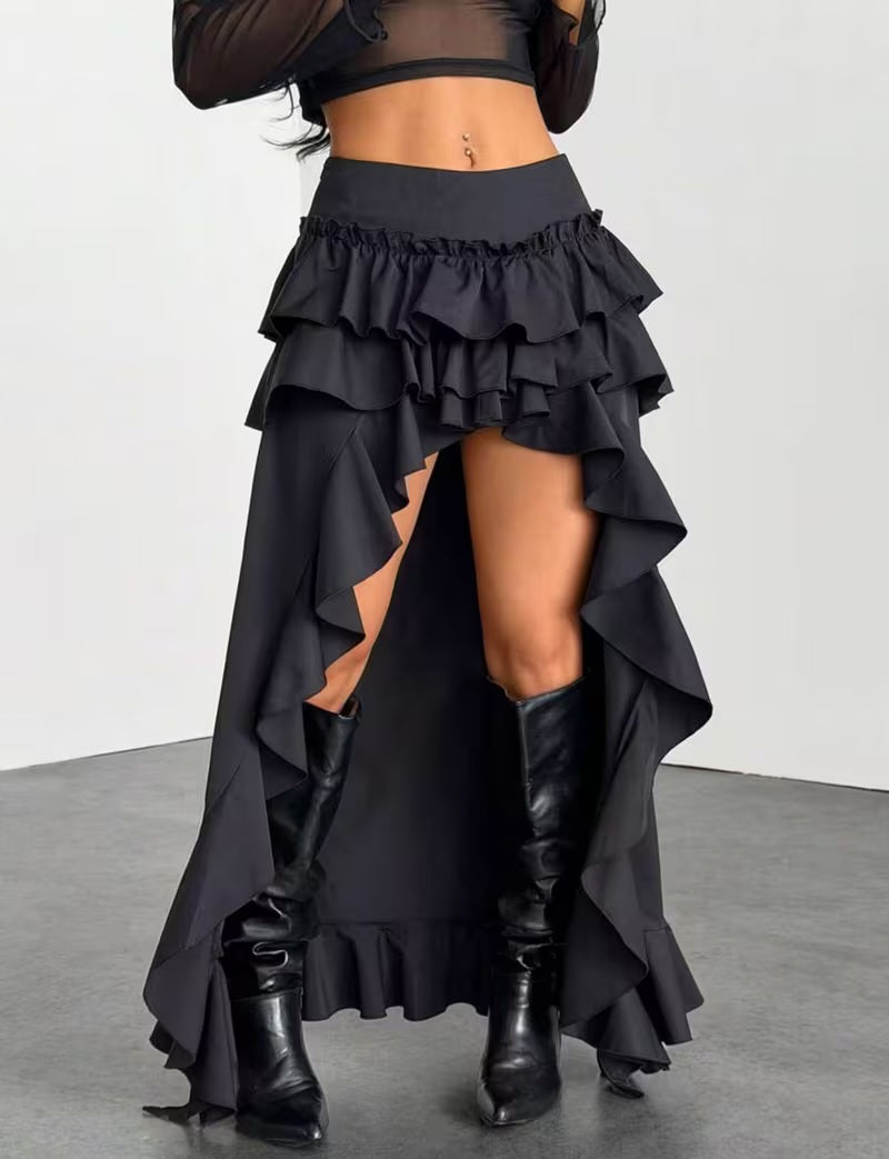 Gothic Black Ruffle Tiered High Low Maxi Skirt