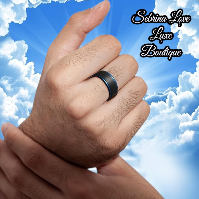 Handsome Gothic Romance Black & Blue Brushed Tungsten Ring Wedding Band