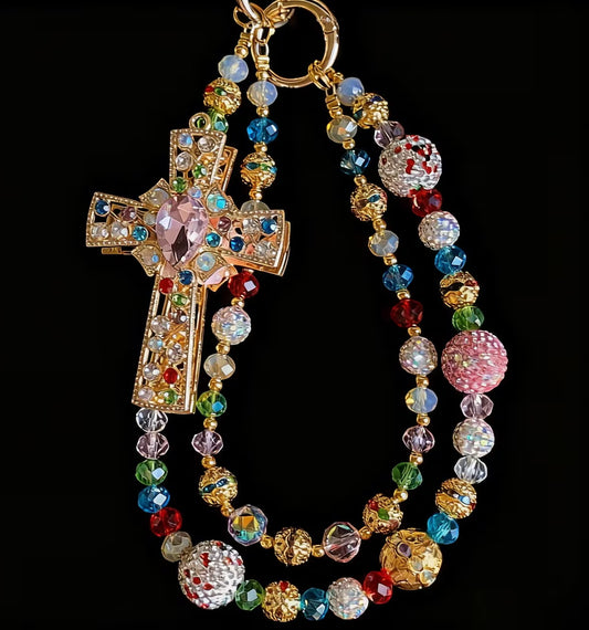 Beautiful Christian Multicolor Rainbow Rhinestone Crystal Cross Key Chain