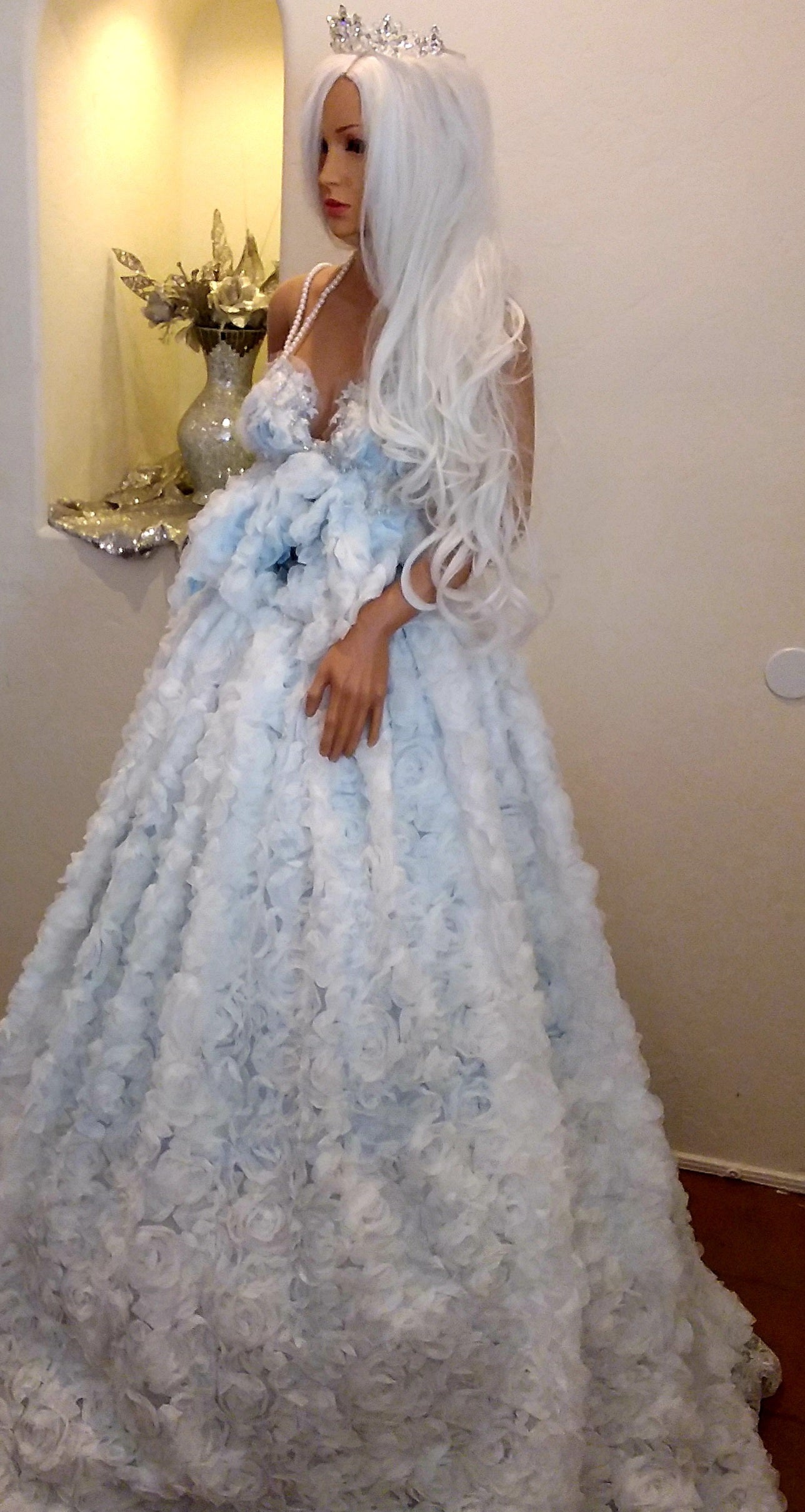 "BROOKLYN" White 3D Chiffon Rosette Blue Lace Wedding Ballgown Set