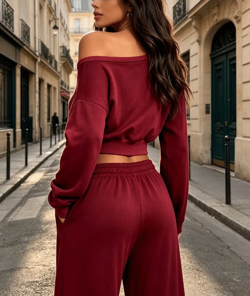 Cozy Deep Red Cropped Sweatshirt & Wide Leg Jogger Set
