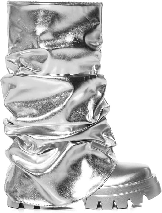 Metallic Silver Lug Style Foldover Chunky Slouchy Boots