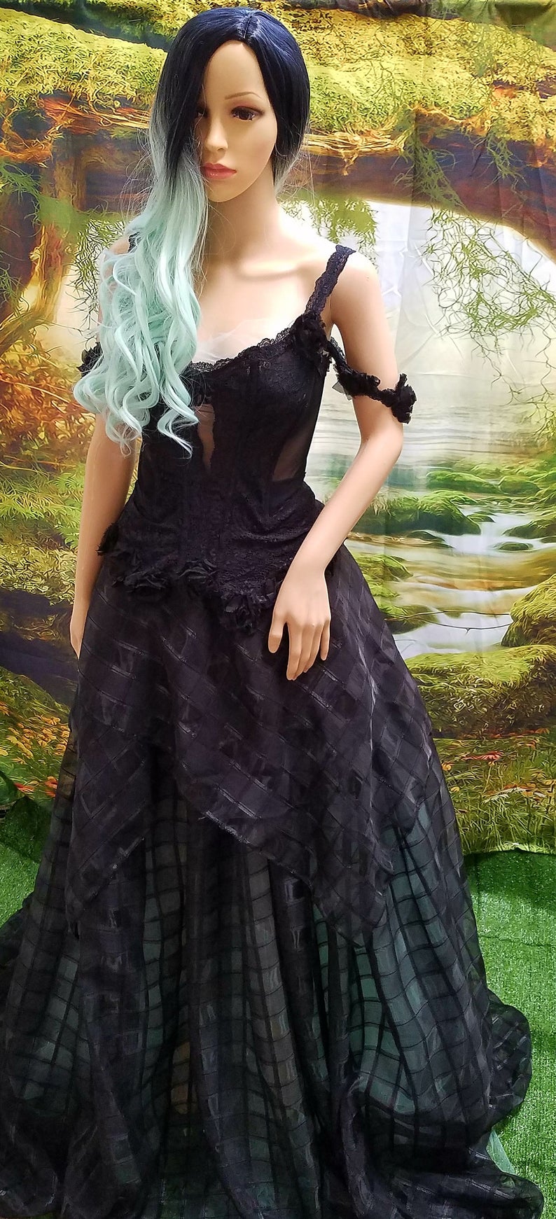 "GWENDOLYN" Custom Order Gothic Romance Black & Green Lace & Tulle Wedding Ballgown Set