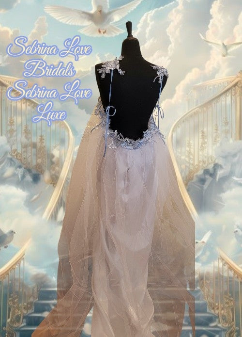 "HEAVENLY" White & Ice Blue Lace & Sequin & Tulle Wedding Ballgown & Headpiece Set