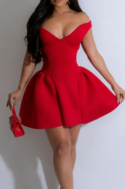 Beautiful Red Off The Shoulder Bardot Neckline Bell Silhouette Party Dress