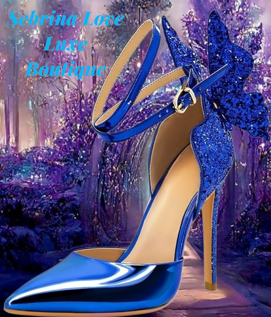 Ethereal Cobalt Blue Sparkling Butterfly Ankle Strap Heels