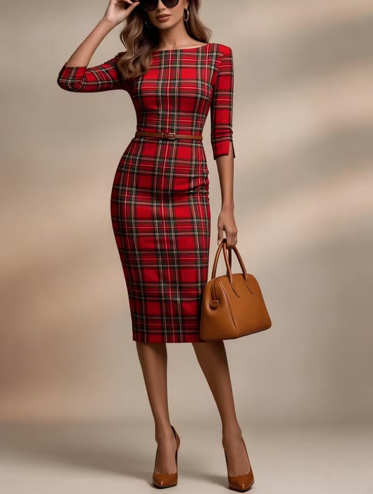 Chic Red & Black Royal Stewart Plaid Bodycon Midi Dress