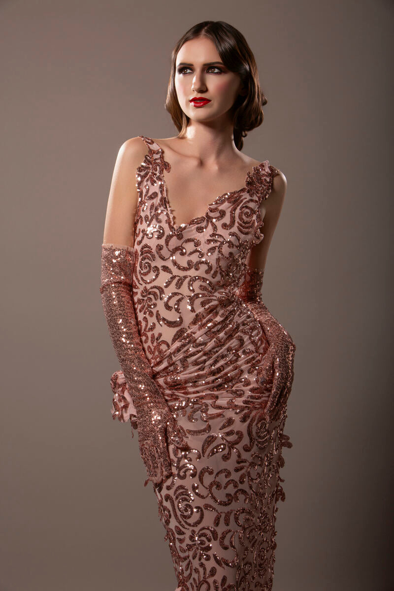 SAMPLE GOWN ONLY "TONI" Rose Gold Embroidered Sequin Lace Gatsby Hybrid Sheath Mermaid Wedding Gown Set