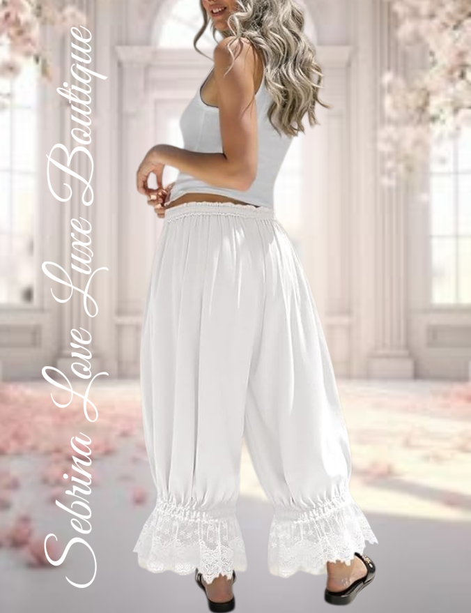 Romantic Victorian Inspired White Boho Wide Leg Pantaloon Bloomer Harem Pants