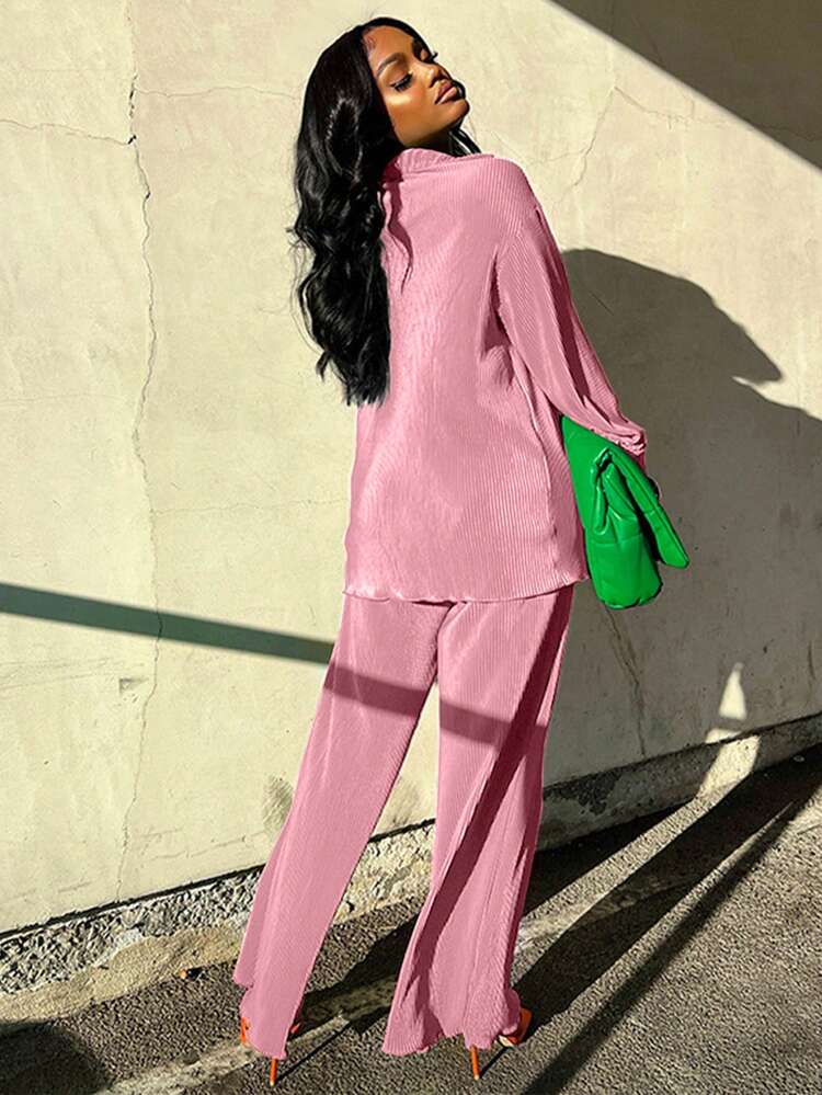 Chic Soft Pink Pleated Tunic Button Closure & Pants Set