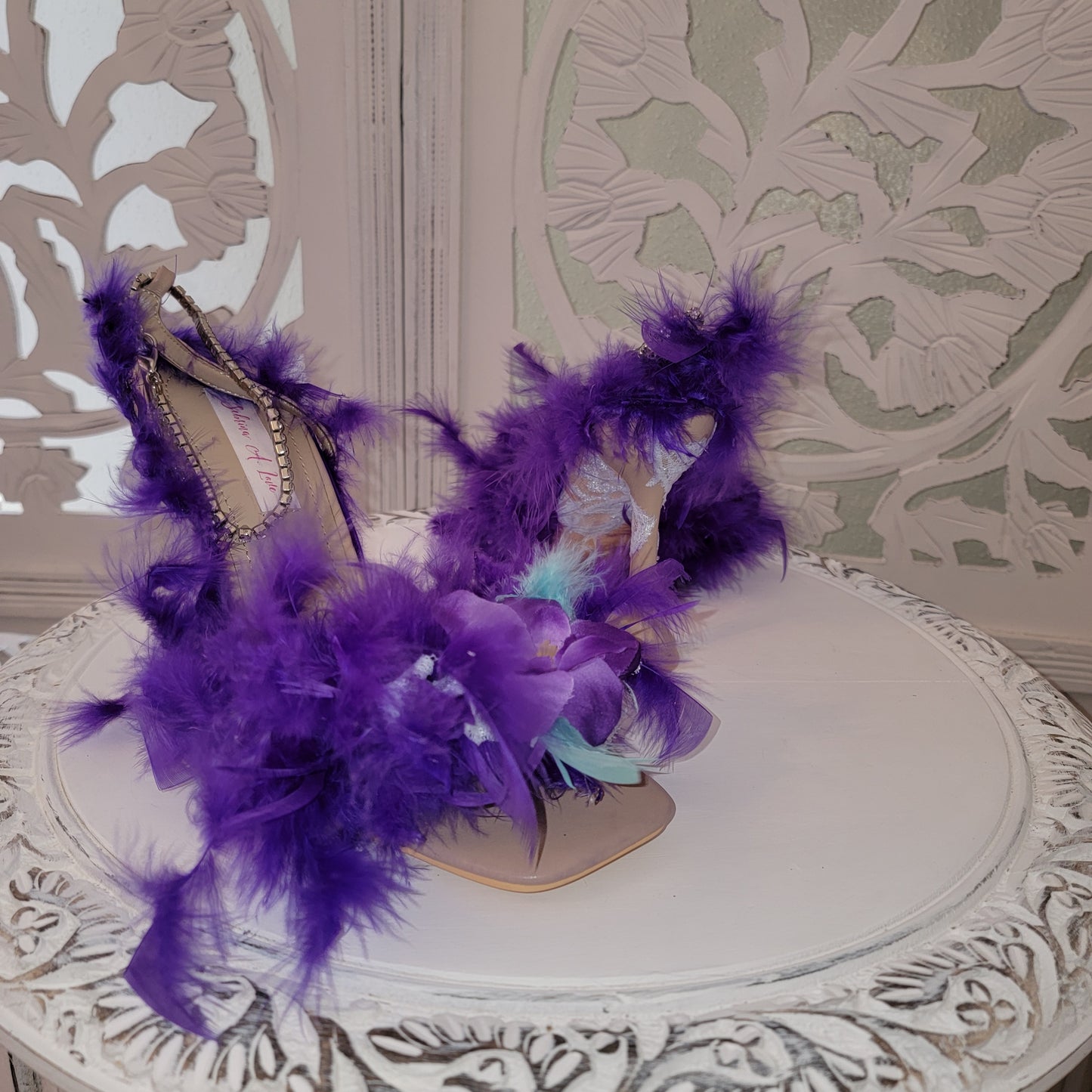 Sexy "VIOLET RAE" Purple Feather Ankle Strap Heels